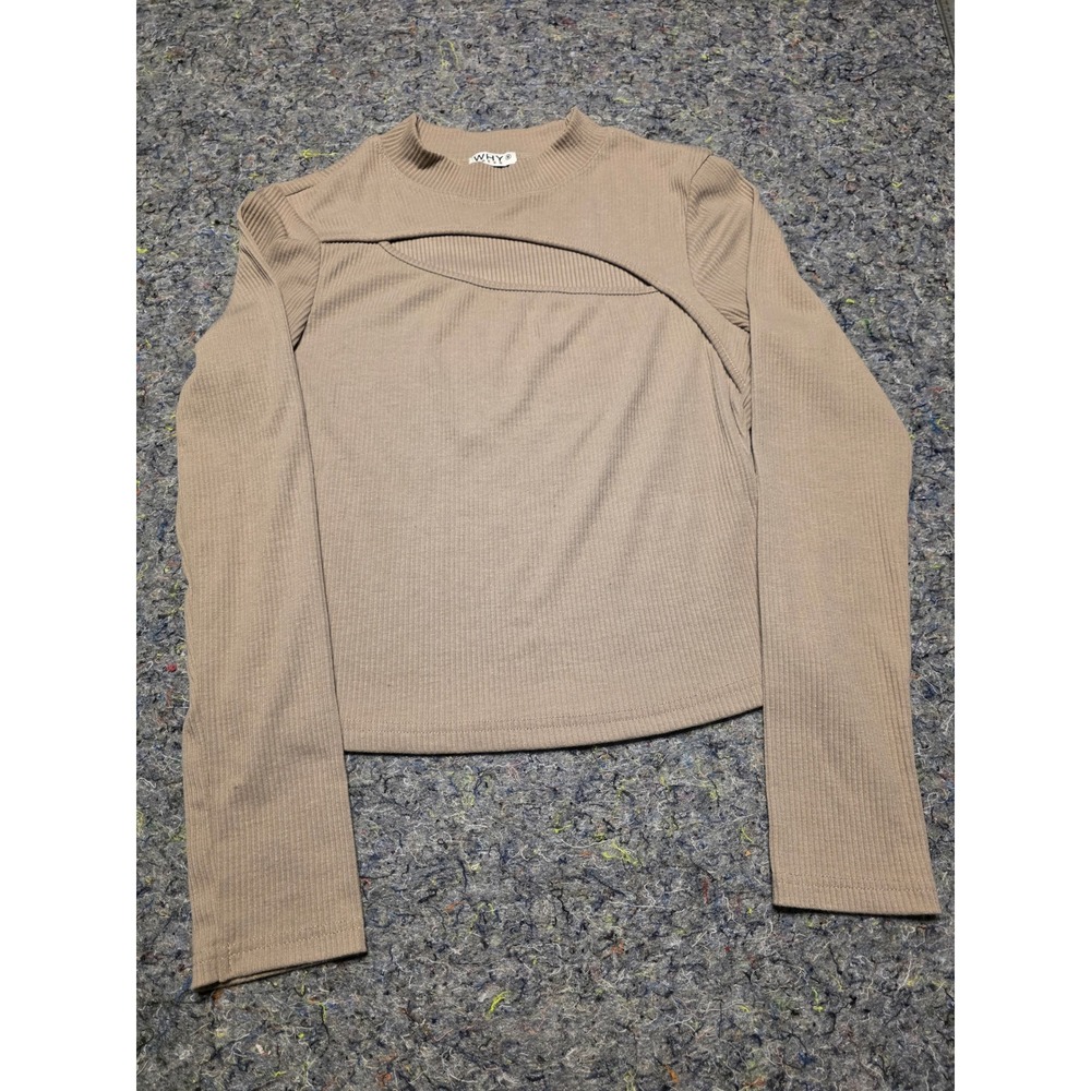 996 WHY DRESS Tan Ribbed Mock Neck Cutout Long Sleeve Top Women Medium Beige